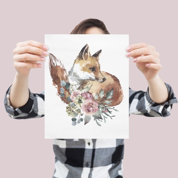 Watercolor Floral Red Fox Portrait Wall Art Illustration Print Poster Unframed - Picture 11 of 17